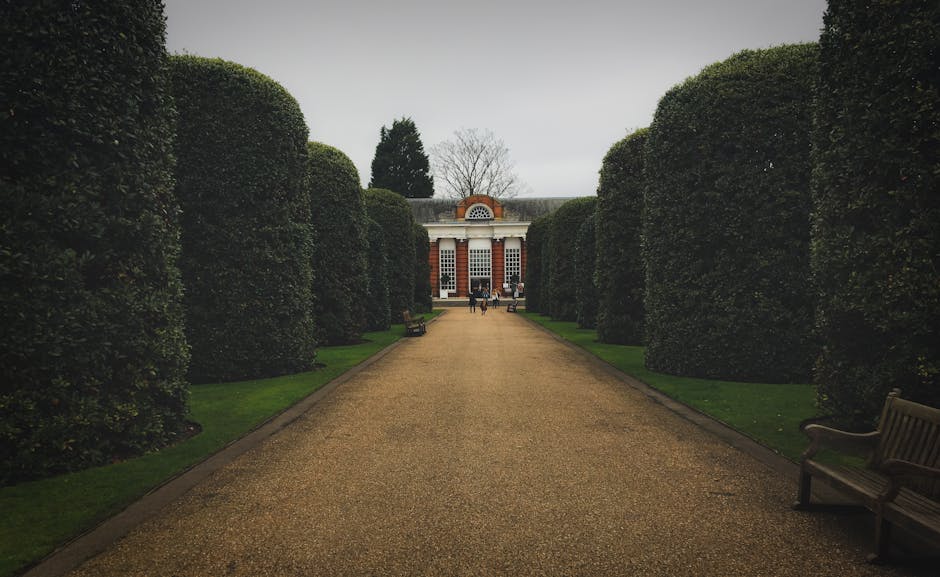 A large brick building with white window frames and decorative cornicing, situated on a well-maintained lawn with several people sitting and relaxing among green shrubs and trees. In the foreground, t